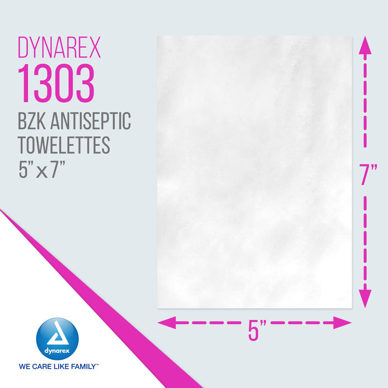 Dynarex BZK Antiseptic Towelettes, Moist Sanitizing Towelettes Designed to Help Clean Minor Wounds, 5" x 7", Disposable & Individually Wrapped, 1 Box of 100