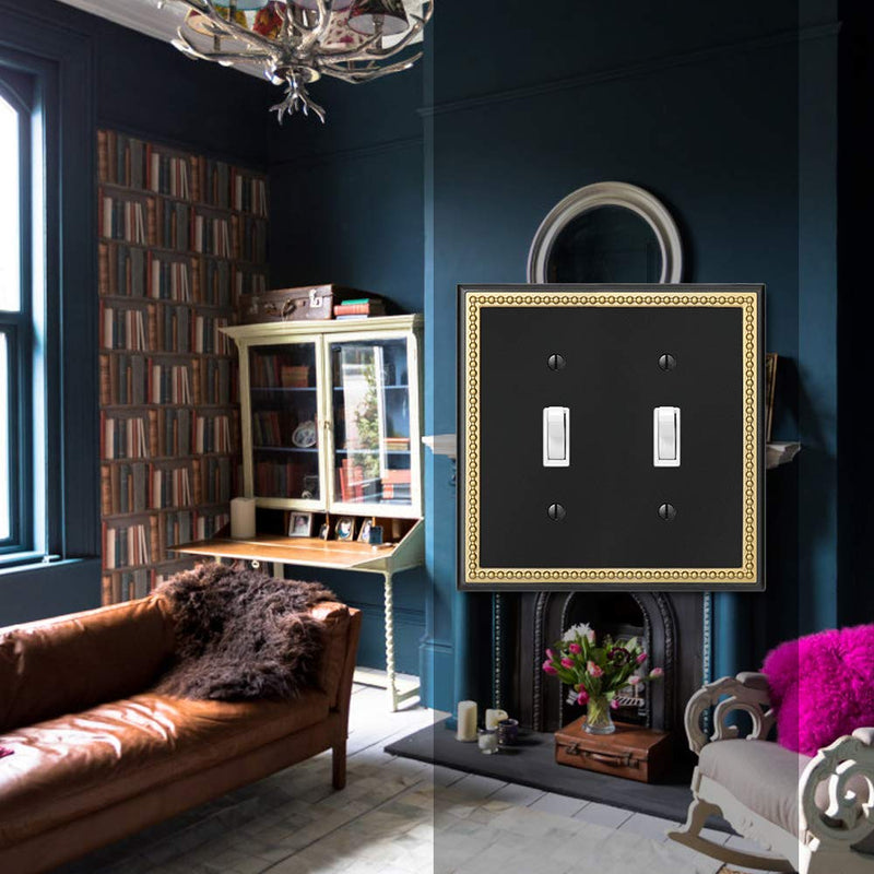 Pearled Frame Decorative Wall Plate Switch Plate Outlet Cover (Double Toggle, Black & Dark Golden) Double Toggle