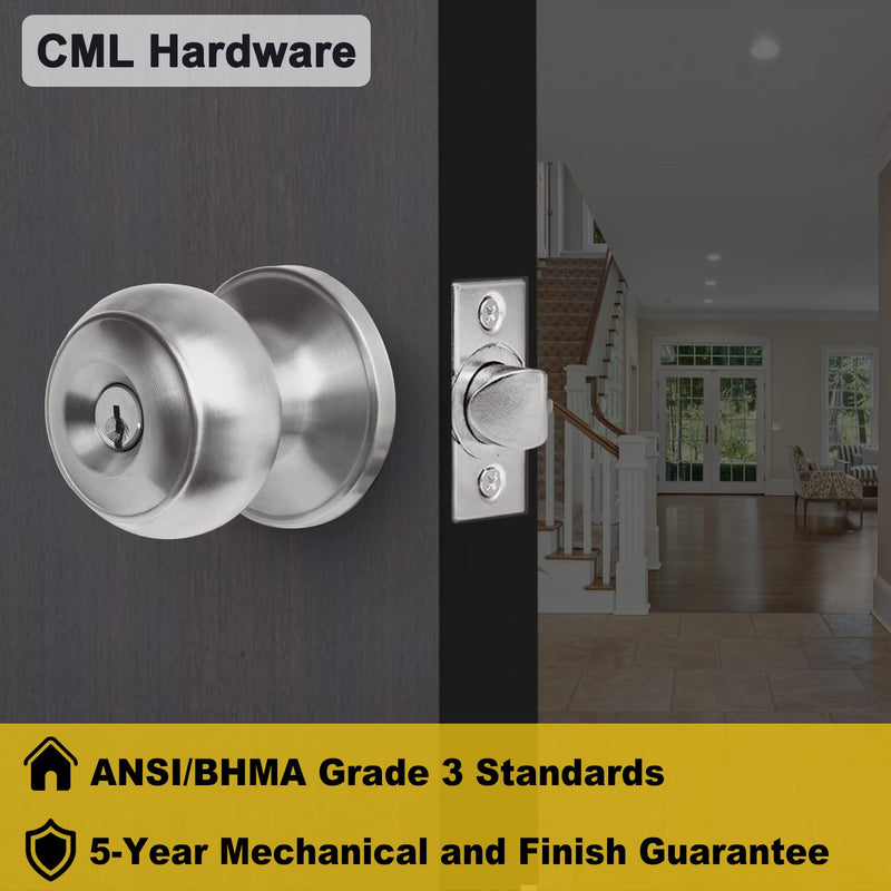 CML Hardware Keyed Entry Door Knob Set, Entrance Door Lock in Solid Stainless Steel for Exterior and Interior, Round Ball Handle, 1 Pack Stain Stainless