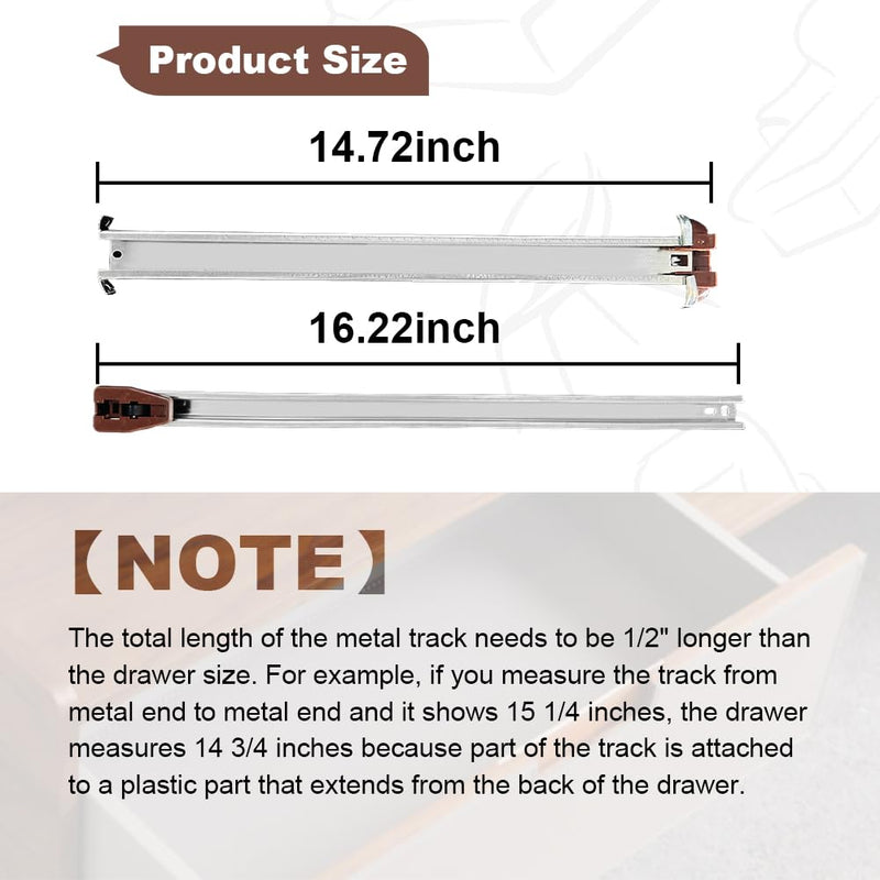 Drawer Slides Center Track for Kenlin Rite-Trak II Rails Kit, 16 Inch Drawer Metal Slides with Stop & Roller, Replacement for Dresser Nightstand Wardrobe Cabinet Drawer Tracks and Rails Kits (1 Pack) 1 Pack 14.72 Inch & 16.22 Inch