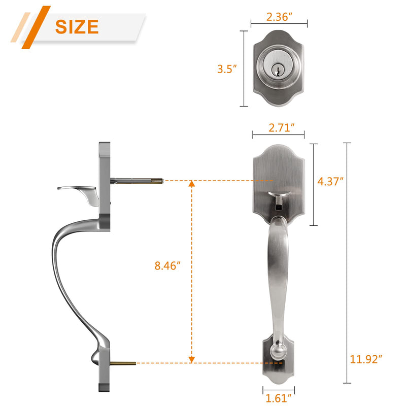Natsukage Front Door Handle Set Heavy Duty Entry Door Lock Set Satin Nickel Entrance Handle Set with Lock, with Single Cylinder Deadbolt and Knob Handle, Reversible for Right & Left Handed Doors