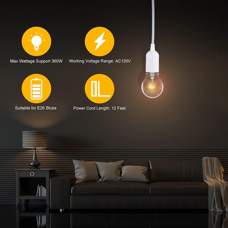 Simple Deluxe 12 Feet Extension Hanging Lantern Pendant Light Cord with E26 Socket, Featuring an On/Off Switch(Bulb Not Included) White/1 Pack