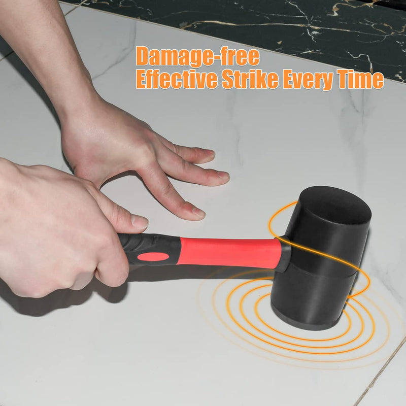 Fiberglass Handle Rubber Mallet Hammer Set, 8 OZ and 16 OZ, Soft Blow Tasks without Damage, Black with Red, 2 Packs