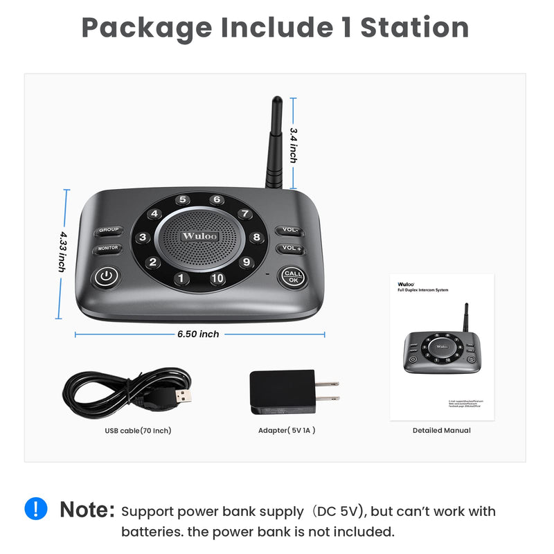 Hands-Free Intercoms Wireless for Home Business, Wuloo Upgrade Two Way Audio Intercom System for Elderly, Full Duplex Room to Room Intercom with 5280 ft Range Clear Sound Anti-Interference, 1-Pack 1 unit for expandable