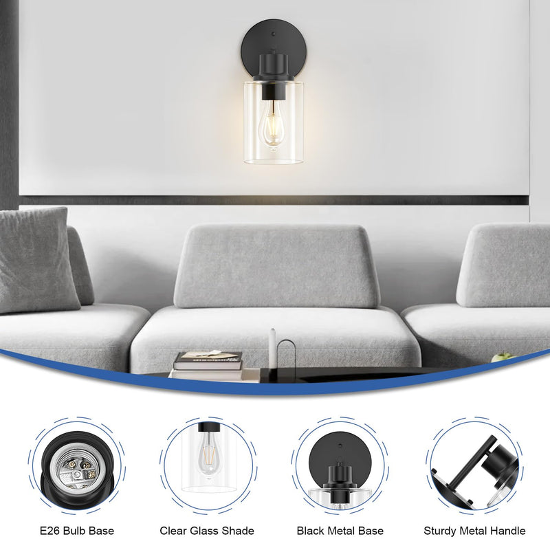 1-Light Bathroom Wall Sconce, Matte Black Vanity Light, Modern Wall Light Fixture with Clear Glass Shade and E26 Bulb Base, Wall Lamp Wall Mount Light Fixtures for Mirror, Bedroom, Hallway 1-Light