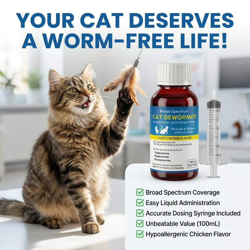 Liquid Dewormer for Cat and Kittens, Praziquantel and Pyrantel Pamoate Oral Suspension, Broad Spectrum Removes Roundworm, Hookworm, Tapeworm, Includes 3ml Dosing Syringe (100ml)
