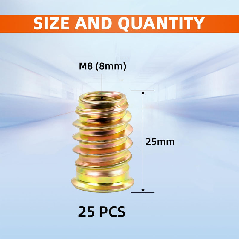 M8 x 25mm Threaded Inserts for Wood, Nut Inserts, Hex Drive, 25 PCS M8 x 25mm