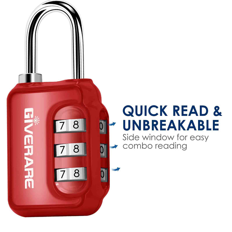 GIVERARE 2 Pack Combination Lock, 3-Digit Padlock Keyless, Resettable Luggage Locks for Backpack, Gym & School&Employee Locker,Weatherproof Travel Lock for Fence, Backyard Gate, Hasp, Case-Blue+Red