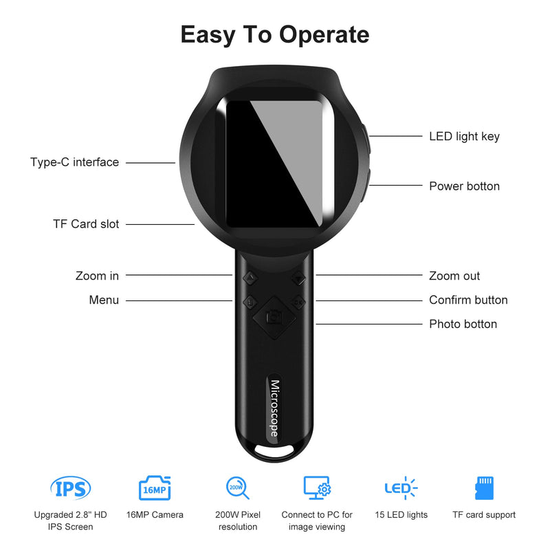 Handheld Dermatoscope, 500X Magnification Skin & Scalp Analyzer for Scalp/Hair Trichomes Facial Skin Dermatoscope, 16MP Camera for Hair Follicle Observation, Digital Microscope with 2.8" Screen
