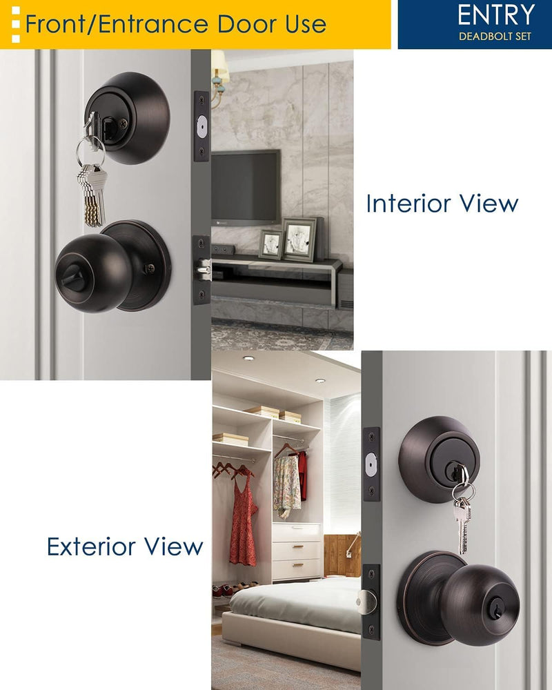 2 Pack Exterior Door Knob and Deadbolt Set, Oil Rubbed Bronze Entry Door Lock Sets with Double Cylinder Deadbolt, Security Round Style Entry Door Knobs Deadbolt 2
