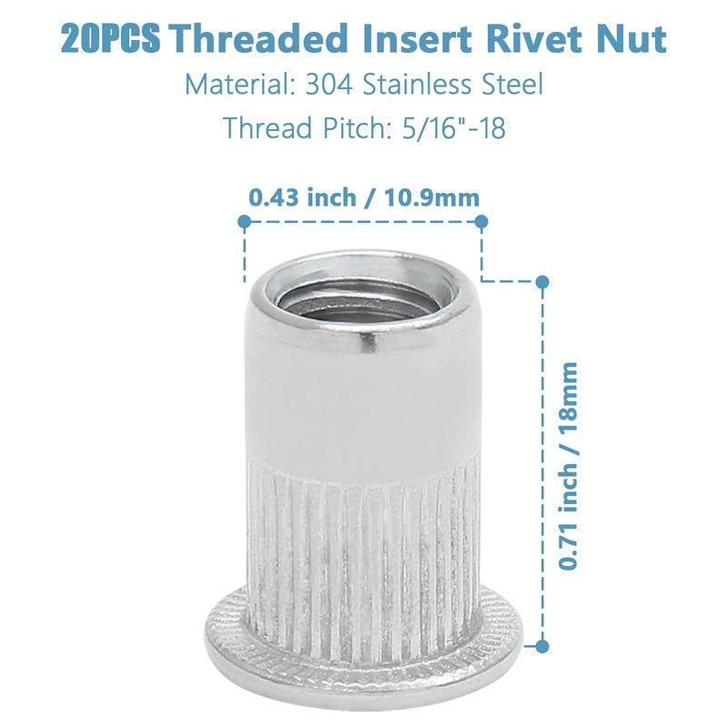 20PCS 5/16"-18 Stainless Steel Threaded Insert Rivet Nut, 5/16-18UNC Rivnuts Flat Head Rivets, Knurled Nutsert Screws Blind Nut 5/16"-18, 20 Pack 304 Stainless Steel