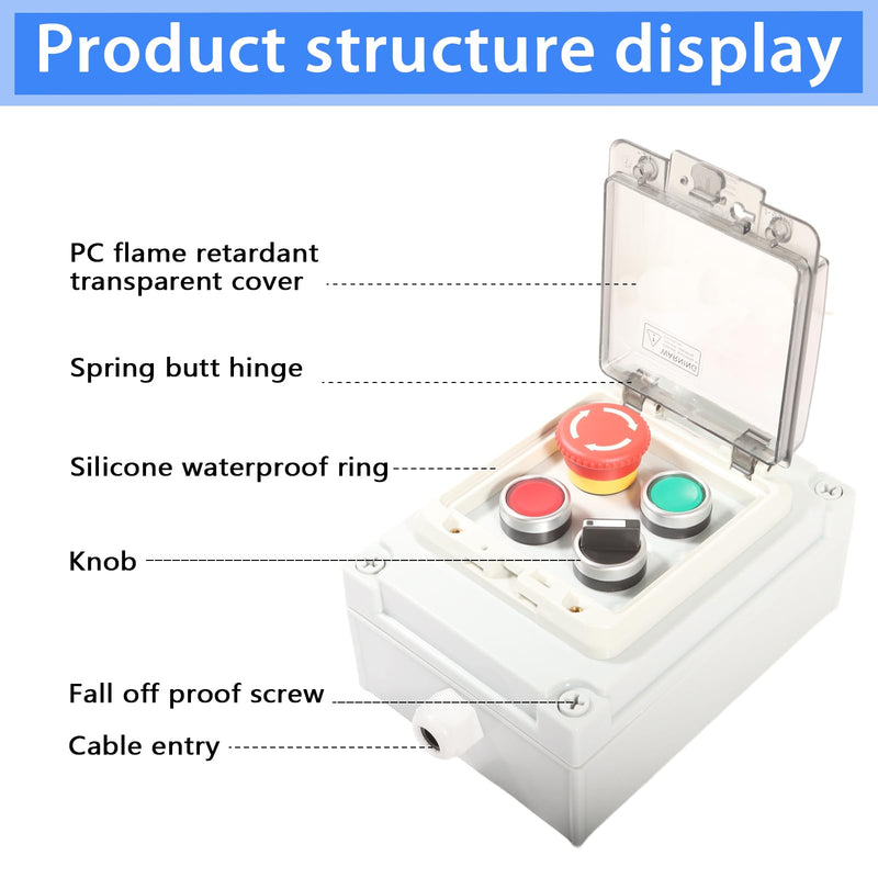 Push Button Switch Box IP67 Waterproof ABS Emergency Stop Red Green Start Industrial Outdoor Use Rotary Buttons 4 Self Resetting Indicator Led Protective Cover Anti Misoperation