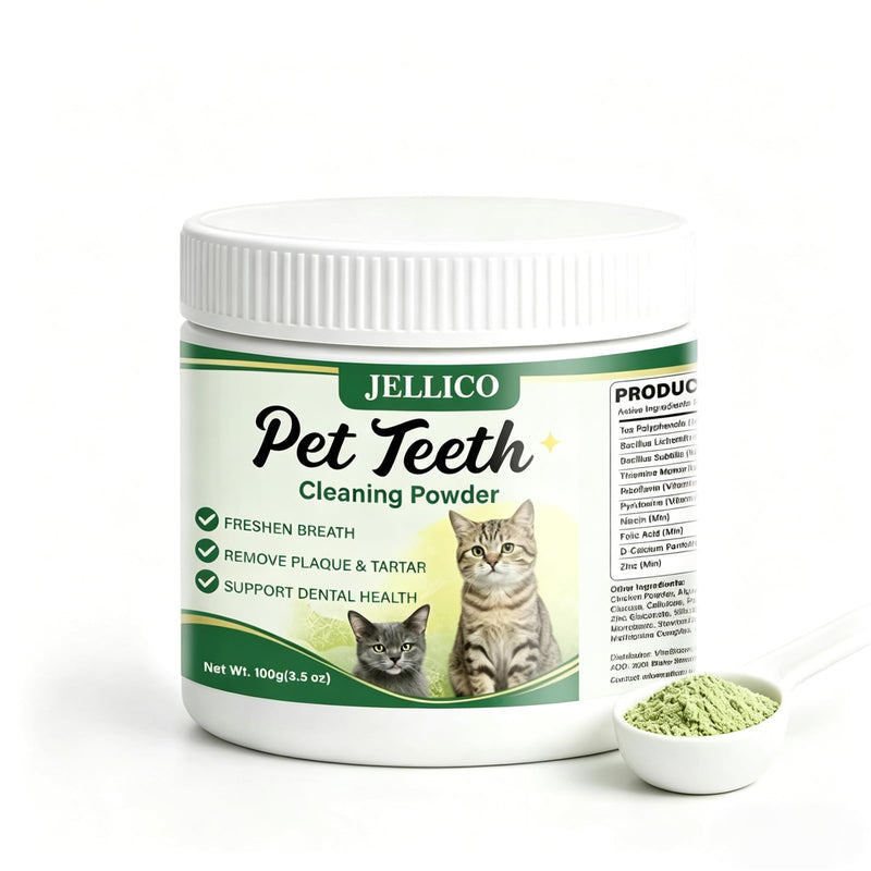 Jellico Pet Teeth Cleaning Powder for Cats – Dental Care Powder Prevents Tartar & Plaque Buildup, Freshens Breath, Oral Hygiene Supplement for Cats, 100g