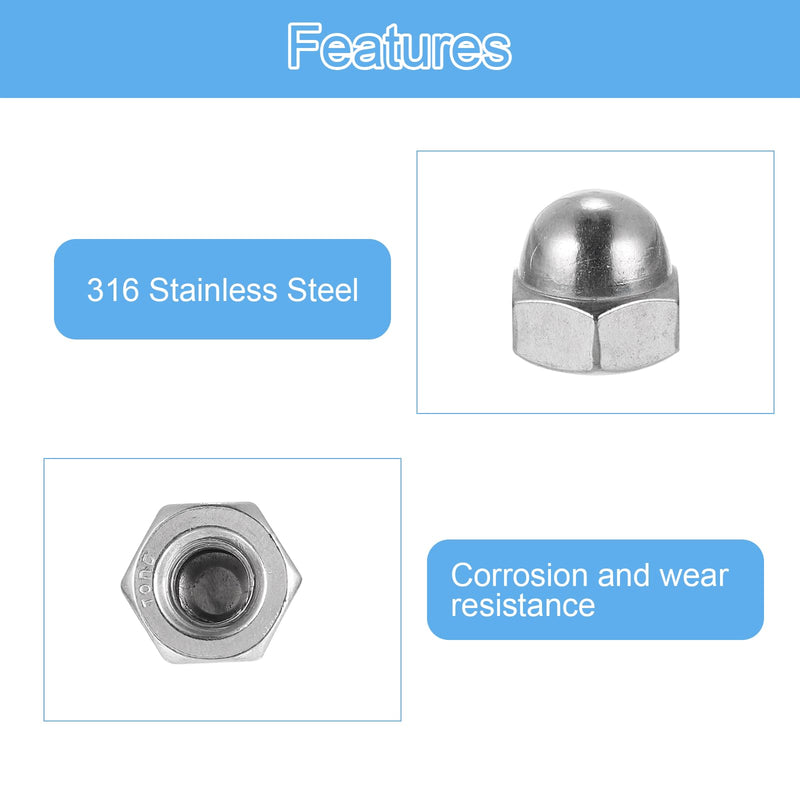 uxcell 5/16"-18 Acorn Cap Nuts, 10Pcs 316 Stainless Steel Dome Cap Head Acorn Nut Hardware Nuts for Bolt Cover, Silvery 10