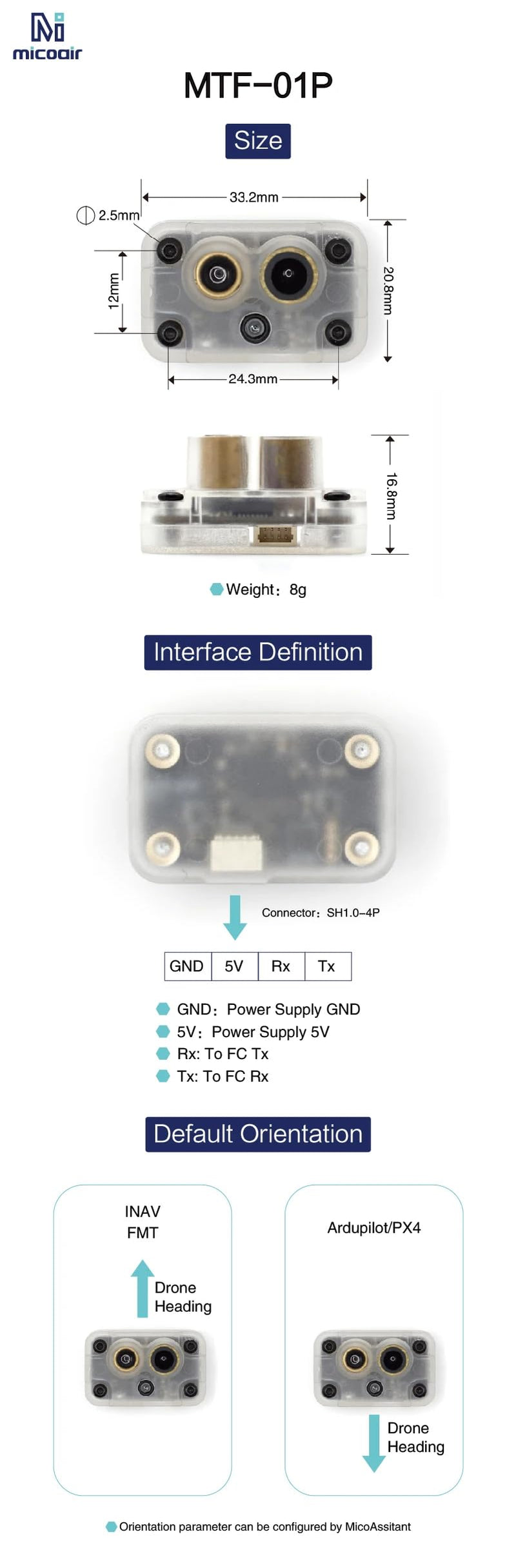 MicoAir Optical Flow & Range Sensor MTF-01P Compatible with Ardupilot/PX4/INAV(AUTO FIRMWARE DETECTION)