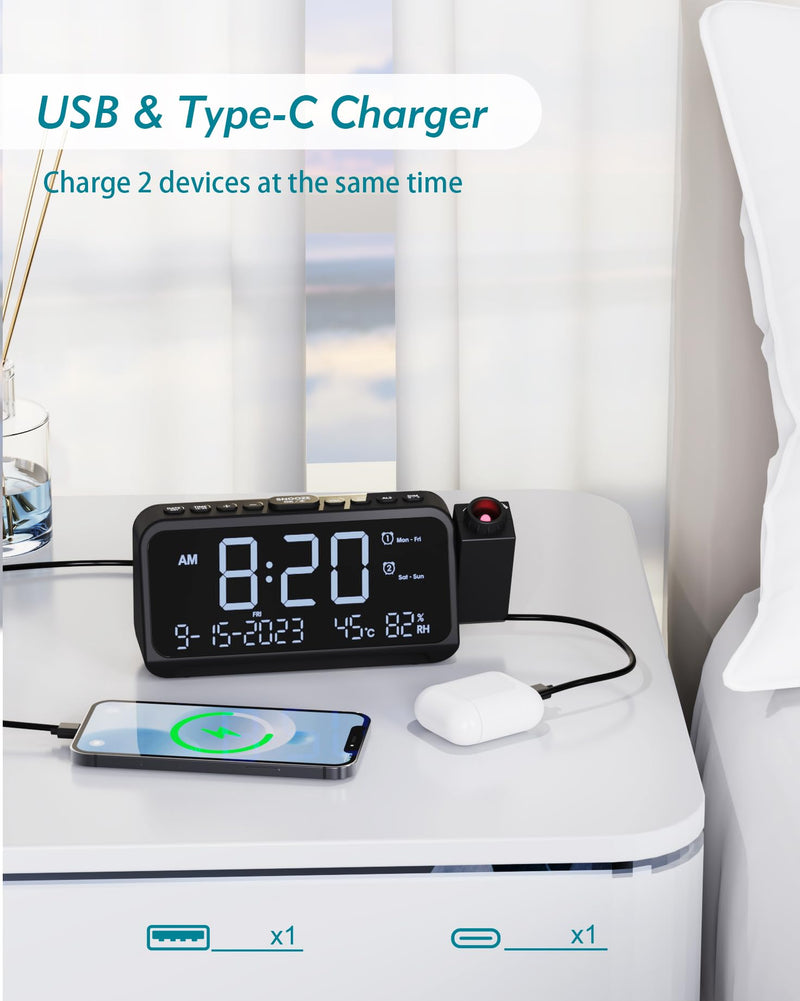 Roxicosly Projection Alarm Clock for Bedroom Ceiling, 118 dB Super Loud for Heavy Sleepers, Dual Alarm with Weekday/Weekend, Adjustable Volume, 6.7" Large Digital Dimmable Display, Easy to Read White Digit+red Projection