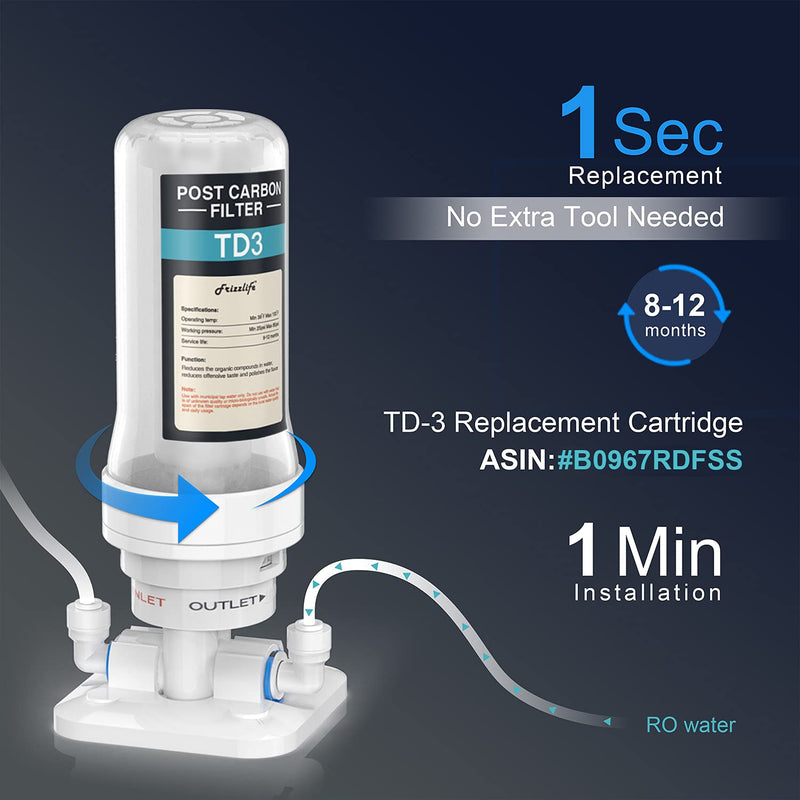 Frizzlife TD-3 Inline Water Filter, Fast Replacement Post Water Filter Removes Chlorine, VOCs & Odor, Adjust Taste, 1/4" and 3/8" Quick Connect