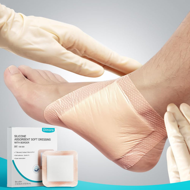 Dimora Silicone Super Absorbent Wound Dressings - Gentle Adhesive Bandages with Ultrasorb Polymer,Heavy Exudate Wound Care Pads 5"X 5" 10 Packs 5"x 5"