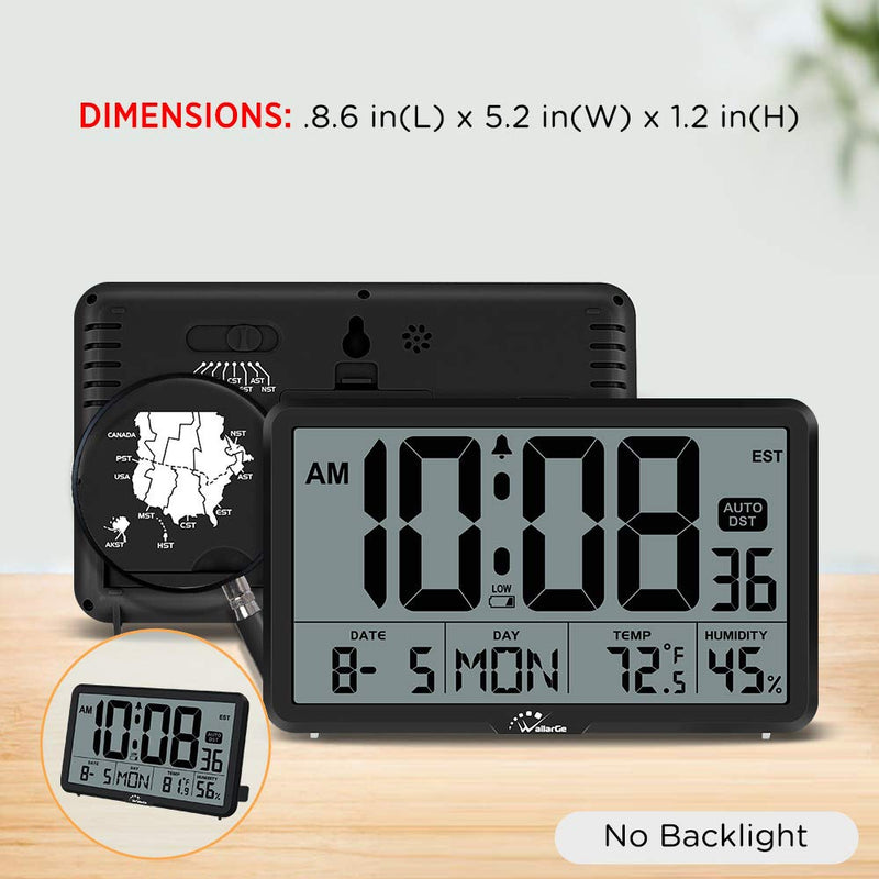 WallarGe Auto Set Digital Wall Clock Battery Operated, Desk Clocks with Temperature, Humidity and Date, Large Display Digital Calendar Alarm Clock for Elderly, Bedroom, Office, 8 Time Zone, Auto DST. Black