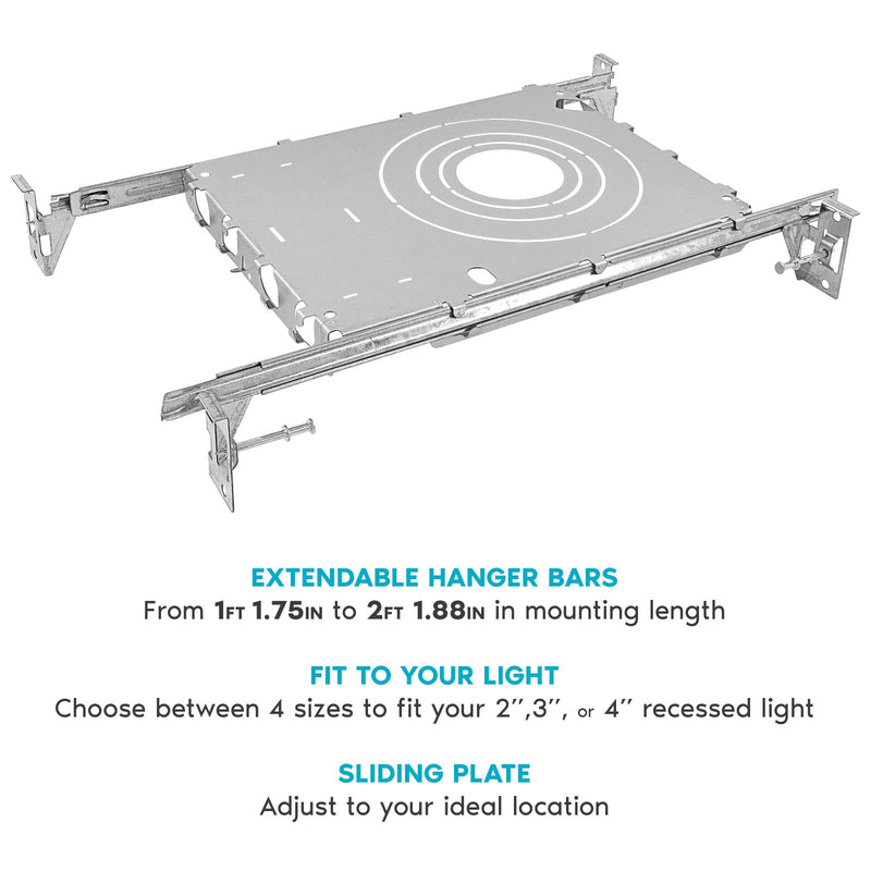 Luxrite New Construction Mounting Plate, 2-3-4 Inch, Extendable Hanger Bars, Sliding Plate, 4 Cutout Sizes - Recessed Lighting Shallow Housing 1 Count (Pack of 1)