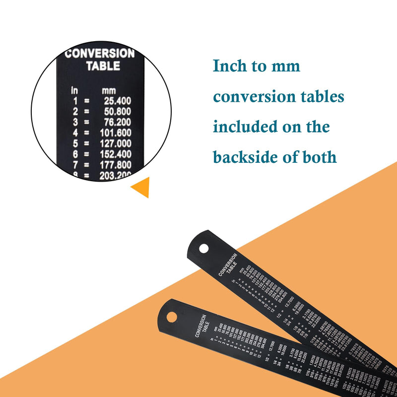 Metal Ruler, 6 Inch Stainless Steel Ruler with Metric Measurement, 2 Pack, 15 Centimeters Straight Edge Ruler with Inch to MM Conversion Table for Students, Machinist and Drafting