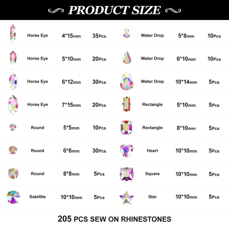Sew on Rhinestones 205 PCS Glass Mixed Shapes Sew on Crystal Gems Flatback with Silver Claw for Jewelry Crafts Clothes Shoes Costume (AB Rhinestones) Crystal AB