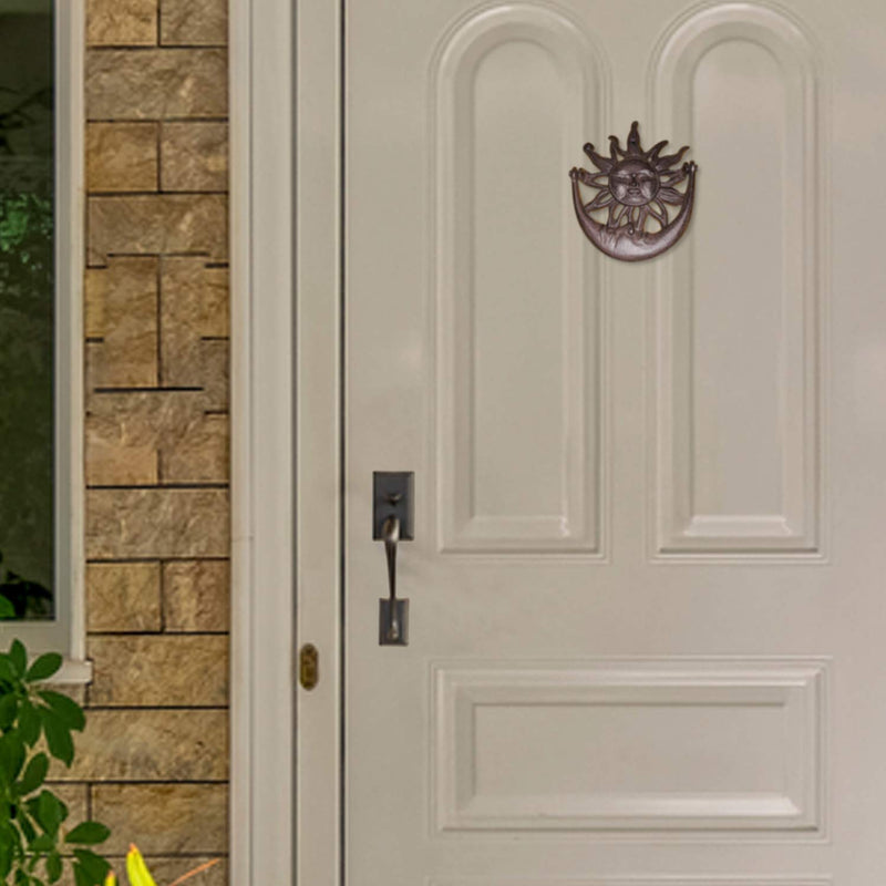 Sun and Moon Front Door Knocker Cast Iron Rustic, Brown