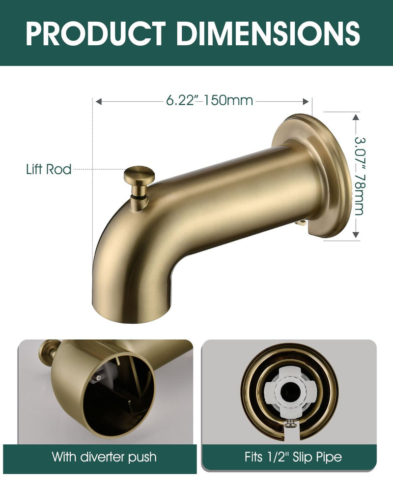 Slip-On Extra Long Tub Spout with Diverter, 1/2 Inch Slip Fit Connection,Brushed Gold Brushed Gold