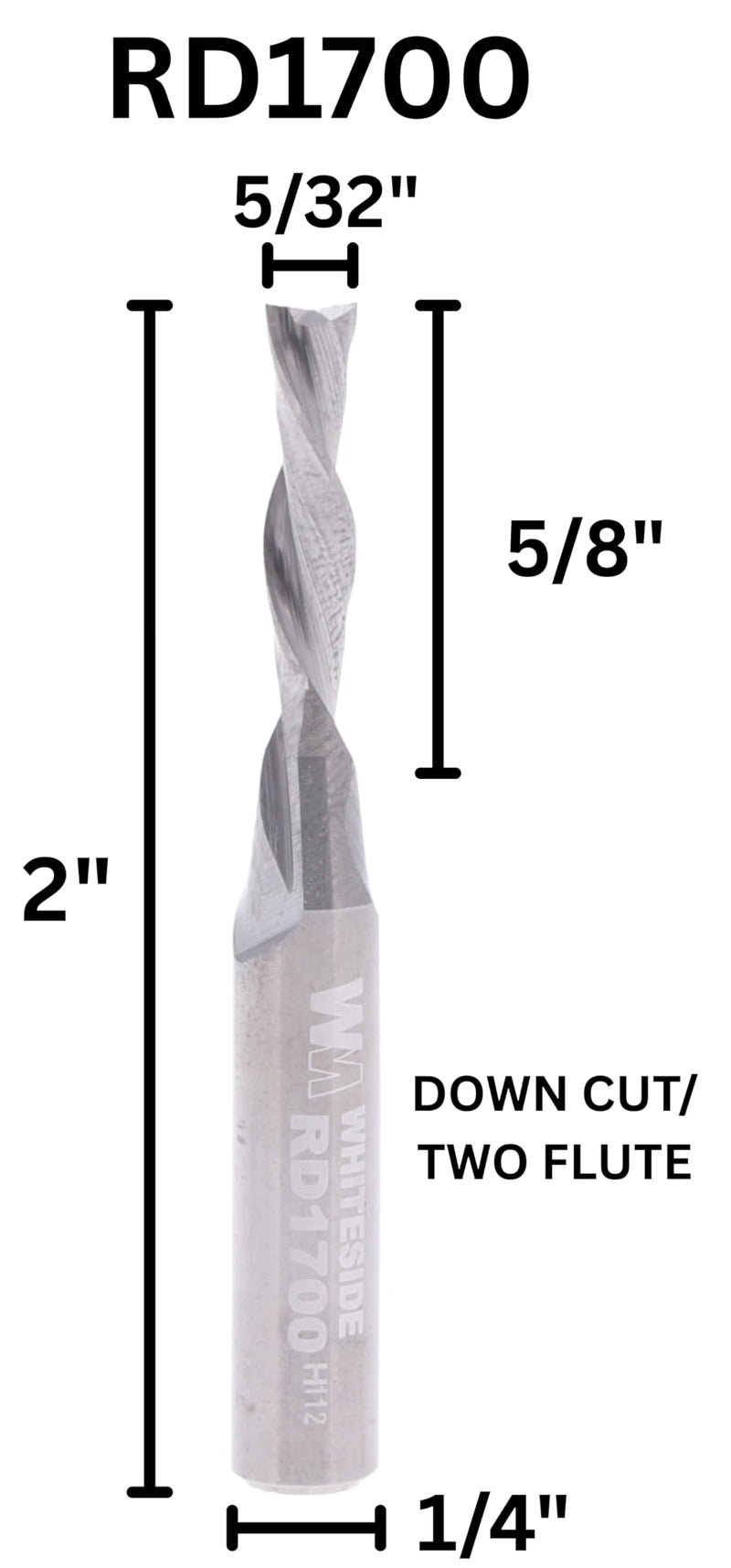 Whiteside RD1700 Spiral Downcut Straight Router Bit: 5/32 Inch Cutting Diameter, 1/4 Inch Shank, 5/8 Inch Cutting Length