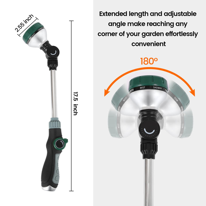 Watering Wand for Garden Hose, 17.5 Inch, 8 Spray Patterns, Garden Hose Nozzle with Thumb Flow Control, Adjustable Water Sprayer with Pivoting Head, Ideal for Hanging Baskets and Shrubs Green