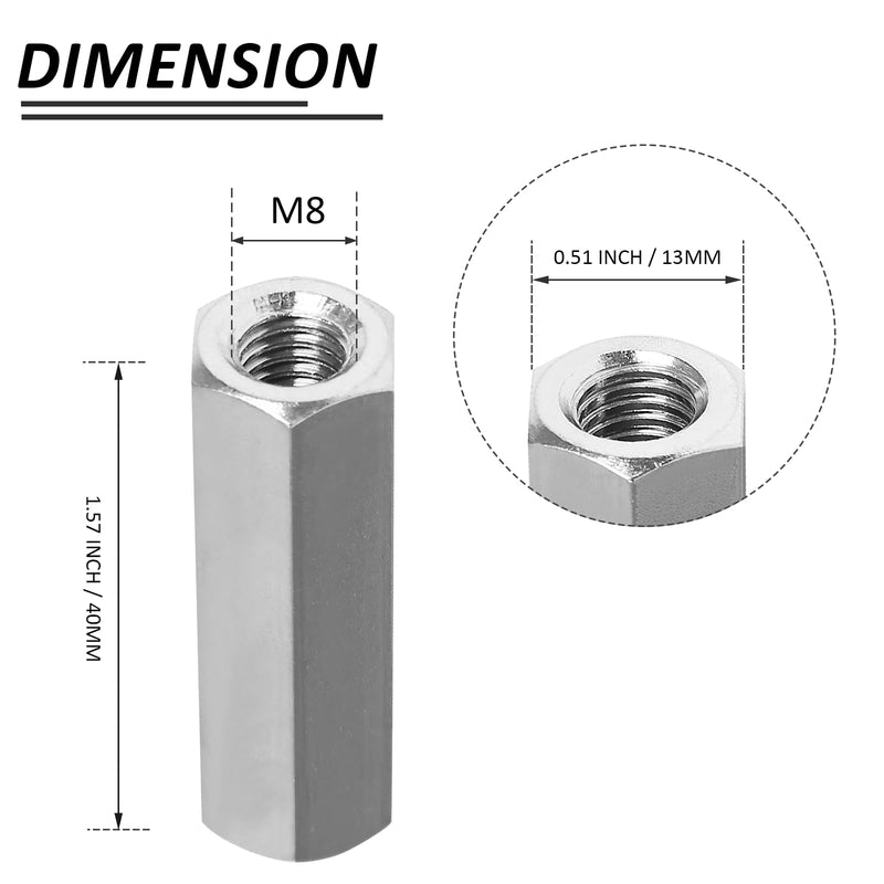 6 Pcs M8 x 1.25 Pitch 40mm Length Hex Coupling Nut, 13mm Width Stainless Steel Nuts Connector Nut, Rod Coupling Nuts Hexagon Nut Threaded Coupling Nut Replacement (Metric) M8x40x1.25 6