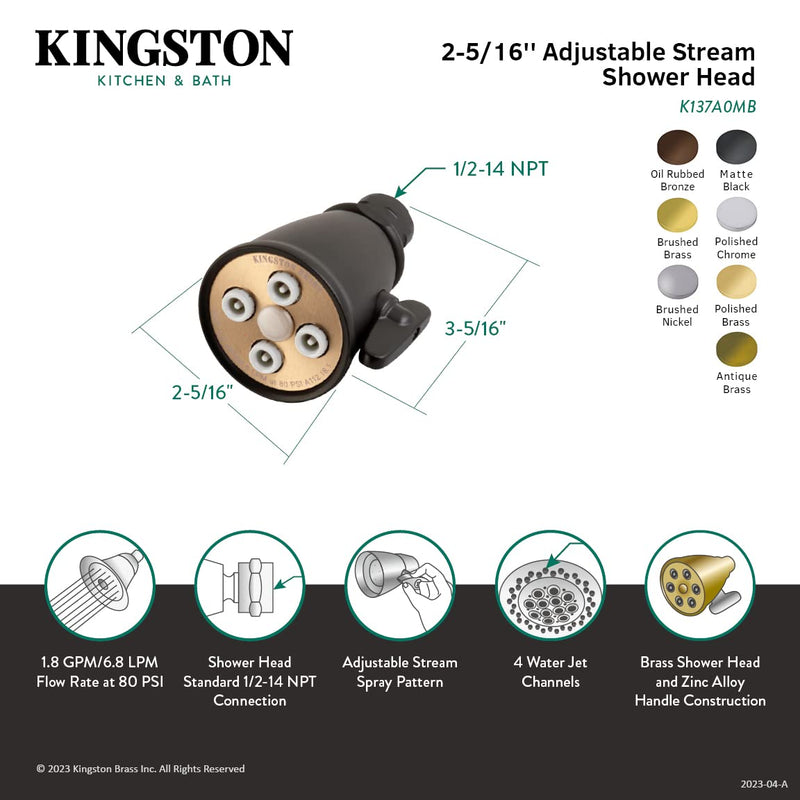 Kingston Brass K137A5 Oil Rubbed Bronze Adjustable Designer Trimscape Shower Head, 1.75 in Diameter, 1.8 GPM/6.6 LPM, 4 Nozzle 2.31 x 2.31 x 3.31