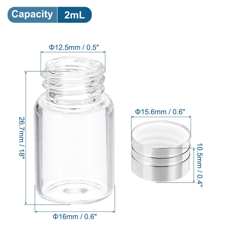 PATIKIL 2ml Tiny Glass Bottles Vials, 100Pcs Mini Clear Bottles Glass Empty Jars Aluminum Screw Cap Tiny Vials Container for Powder Cream Art Craft, Silver