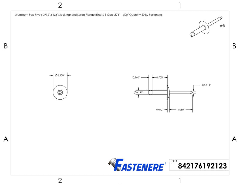 Large Flange Pop Rivets 3/16" x 1/2" Aluminum Body Steel Mandrel Large Dome Head 6-8 Gap .376" - .500" Quantity 50 by Fastenere 3/16" x 1/2" (6-8) (50 Pack)