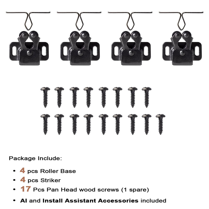 4 PCS Cabinet Latch Double Roller Catch Hardware for Cupboard Closet Kitchen Cabinet Door Latches and Catches, Black Nickel 4 BlackNickel