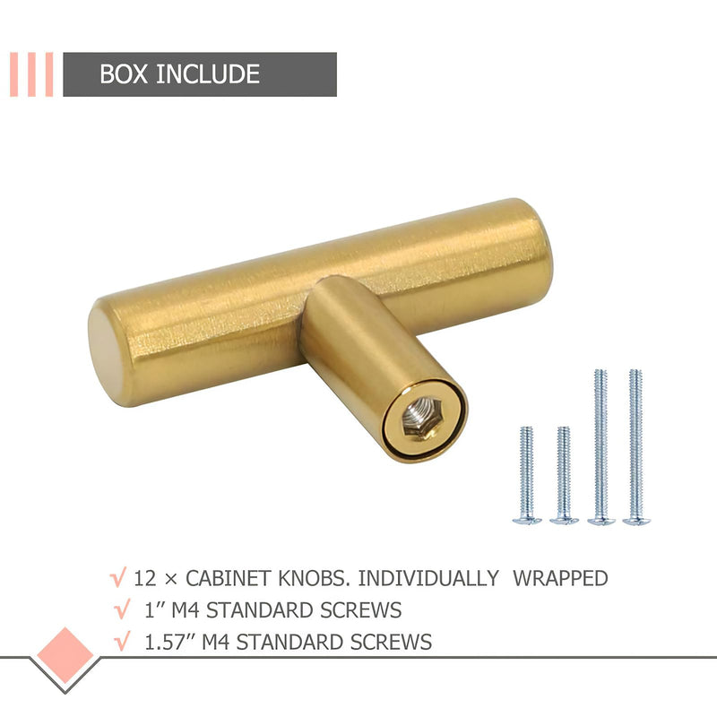 LONTAN 12 Pack Gold Drawer Knobs for Dresser Kitchen Cabinet Knobs Gold Hardware for Cabinets Brushed Brass T Bar Knobs for Dresser Bathroom，Stainless Steel T Bar Knob