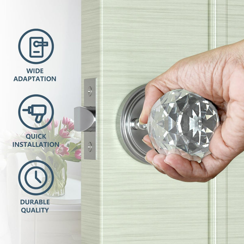 Bwintech Crystal Door Handle with Lock and Keys 1 Set, Brushed Nickel Door Handle, 65mm Palace Style Crystal Internal Door Handle with Latch and Screw Kit for Privacy Bedroom, Hallway, Lavatory