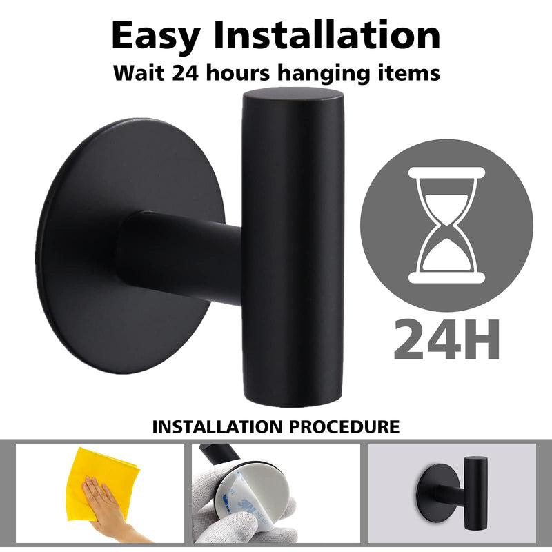 Adhesive Hooks Heavy Duty Wall Hooks Stainless Steel Waterproof Shower Hooks, Adhesive Holders Coat Hooks for Hanging, Wall Mounted Towel Hooks for Bathroom Kitchen - 2 Pack Matte Black