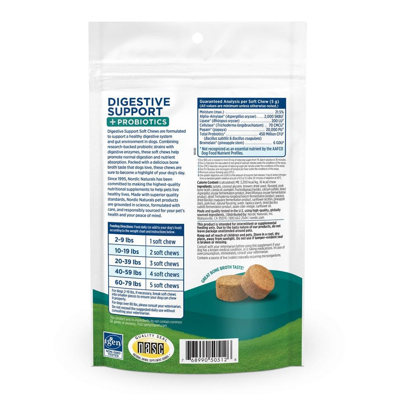 Nordic Naturals Pet Digestive Support with Probiotics, Pork Bone Broth Flavor - 30 Soft Chews - Nutritional Supplement for a Healthy Digestive System and GI Support - 30 Non-GMO Chews
