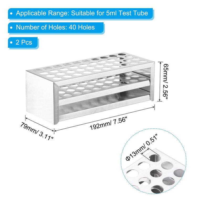 PATIKIL 40 Holes Test Tube Rack, 2Pcs 13mm Round Hole 304 Stainless Steel Test Tube Holder Stand Suitable for 5ml Test Tube for Laboratory Scientific Experiments, Silver Tone