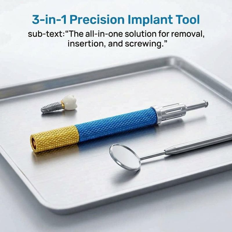 Implant Tooth Locator Core Tool, 3 in 1 Universal Dental Instrument for Overdenture Retention & Insertion, Golden Zinc Alloy with Gloves