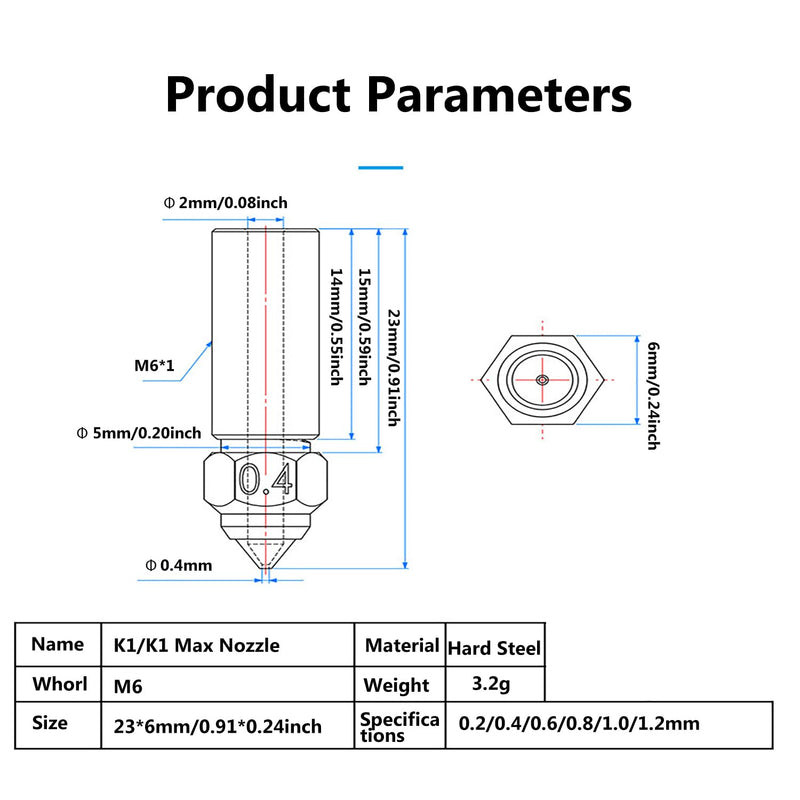 6PCS 3D Printer Extruder Hardened Steel Nozzles Kit for Creality K1/K1 Max/Ender 3 V3 KE, Packed High Temperature and Wear Resistance 1PC 0.2mm/0.4mm/0.6mm/0.8mm/1.0mm/1.2mm Hardened Steel Nozzle 6PCS Nozzles for K1/K1 Max/Ender 3 V3 KE