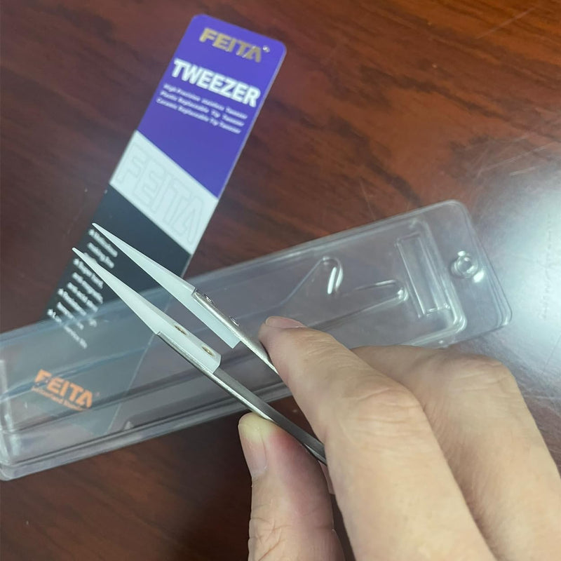 FEITA Precision Pointed Ceramic Tweezers - Temperature Resistant and Anti-Magnetic White Fine Pointy Ceramic Tips Twizzers - For Electronic Repair, DIY Crafting Hobby Tools - 1 Pc White Head