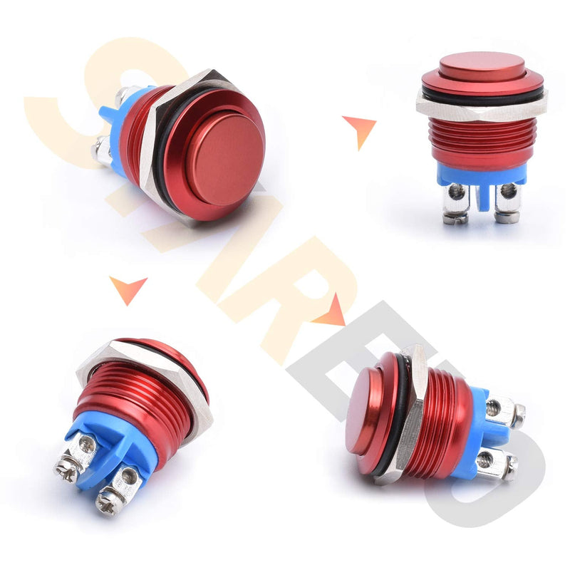 STARELO 16MM 5/8" Momentary Push Button Switch High Round 250V AC 5A 12V 36V DC 2A 1NO SPST Waterproof Aluminum Shell(Red). Red