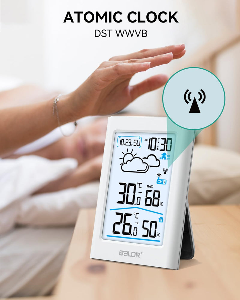 BALDR Indoor Outdoor Thermometer Wireless with Atomic Clock, Battery Powered Weather Station Indoor Outdoor with WWVB, Portable Outside Temperature Monitor for Home, Patio