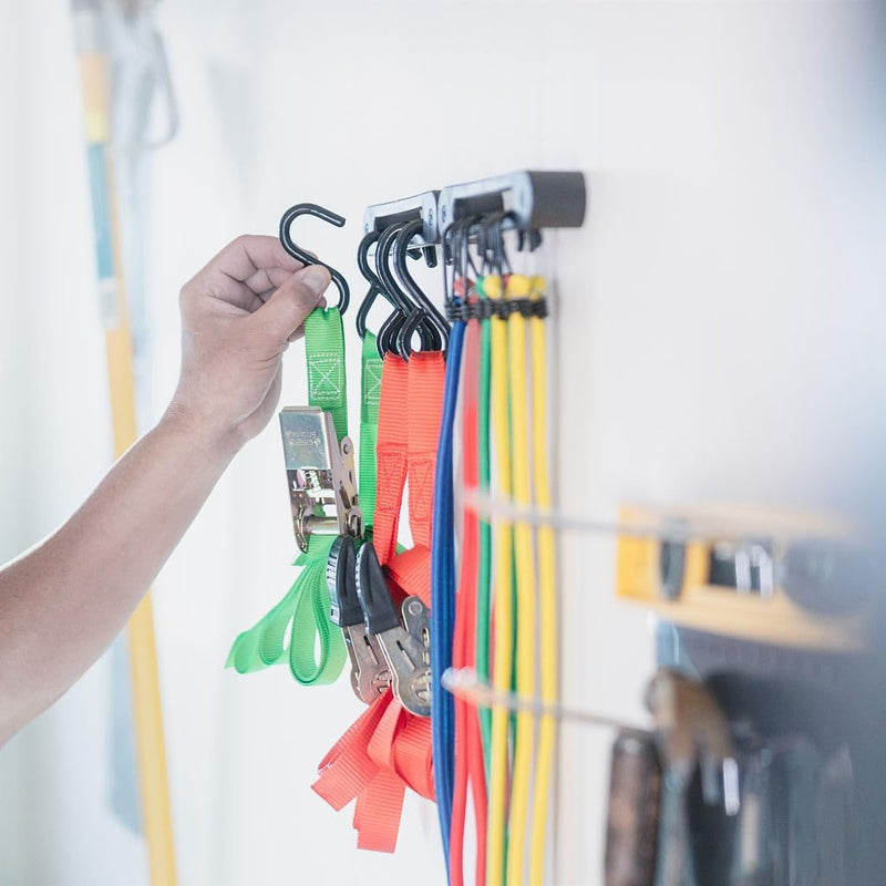 Hook Rail - 2/pk - Organize Your Tie-Down Straps (Ratchet, Cam buckle, Bungee Cords, and more) A low-profile wall-mounted cargo strap management solution for your enclosed trailer, garage, or home.