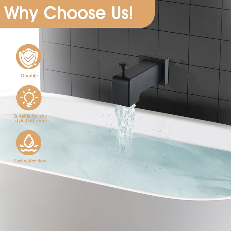 Slip On Diverter Tub Spout, Sleek Square Design for Bathroom, Fits 1/2" Copper Pipe (5/8" OD), Child-Safe Rounded Edges, Easy Installation, Matte Black