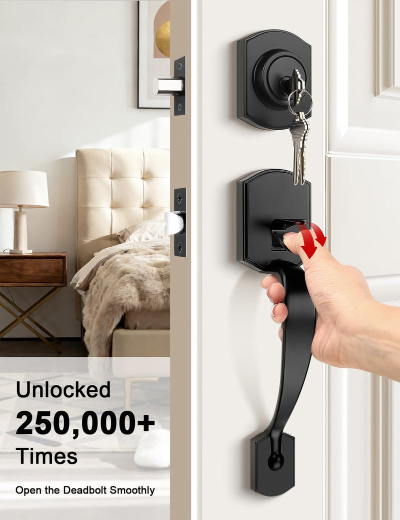 Camelot Trim Lower Half Entry Handleset and Deadbolt Set Matte Black, Upgated Entry Door Handle with Door Knob for Electronic Keypad, Black Front Door Lock Set 1 Pack Black-Deadbolt Set