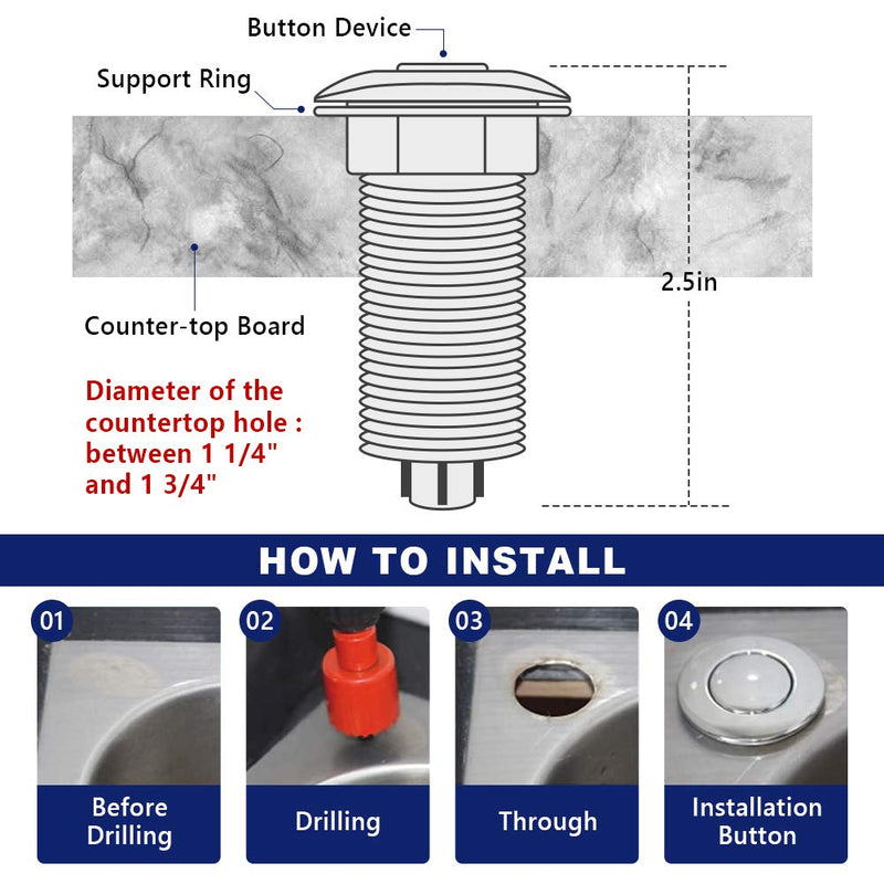 Garbage Disposal Switch, Cordless Air On Off Kit for Food Waste Disposer, Stainless Steel Brushed Nickel, LONG 3.5" Sink Top Push Button by CLEESINK Brushed Stainless Steel LONG/3.5"