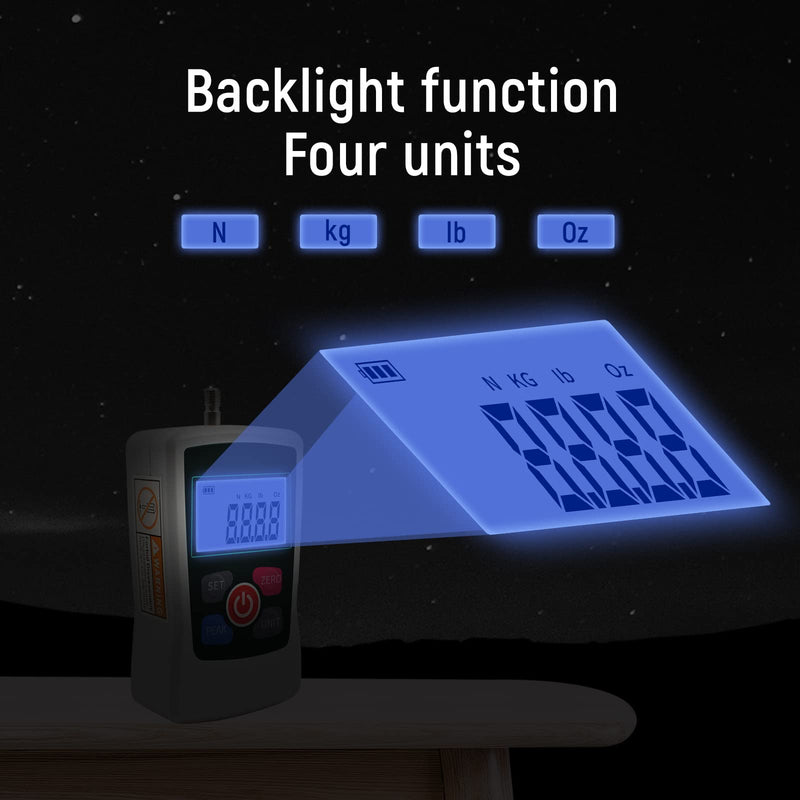 50N Digital Force Gauge Push and Pull Tester Meter with 4 Measurement Units N Kg Lb Oz, Automatic Backlight, Buzzer Alarm Function,1% Accuracy 50N